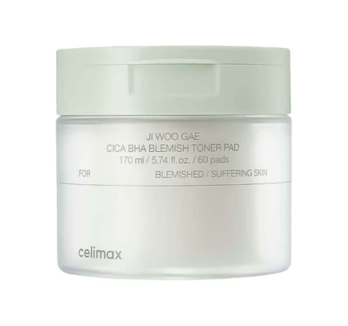 CELIMAX, Успокаивающие тонер-пэды сBHA-кислотами, 170мл (60шт),Ji Woo Gae Cica BHA Blemish Toner Pad