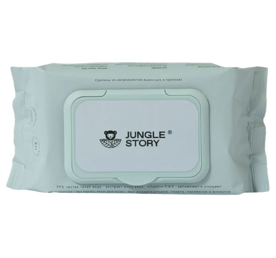 JUNGLE STORY, Биоразлагаемые влажные салфетки из бамбуковой целлюлозы, 80 штук
